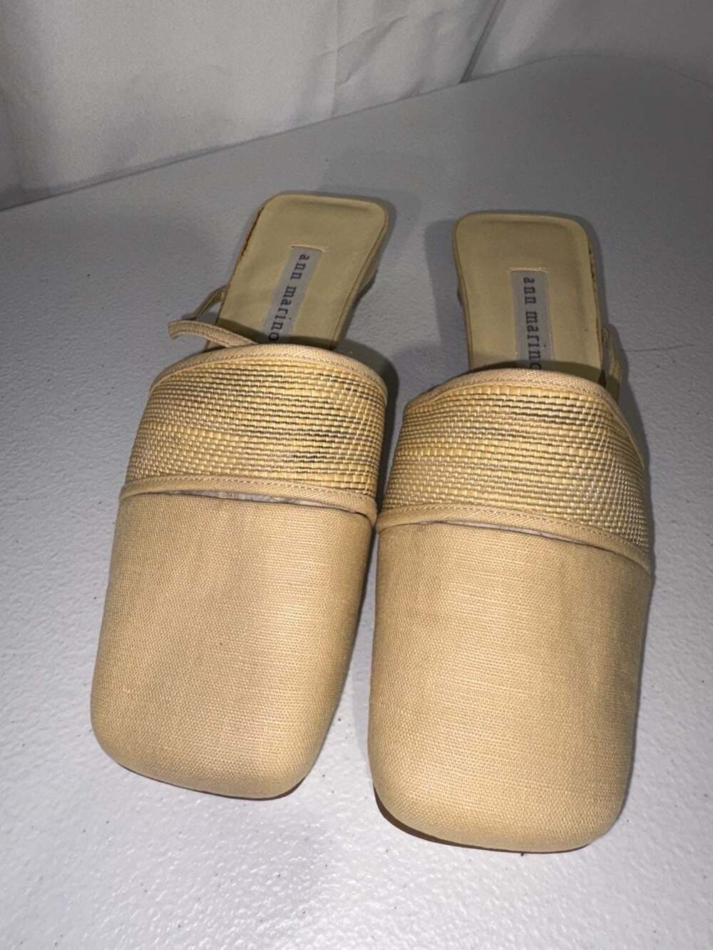 Ann Marino Beige Fabric and Raffia Texture Square Toe Low Heel Mules